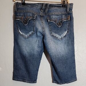 BISOU DEVE Flap Pocket Distressed Bermuda Blue Denim Jeans Shorts 27